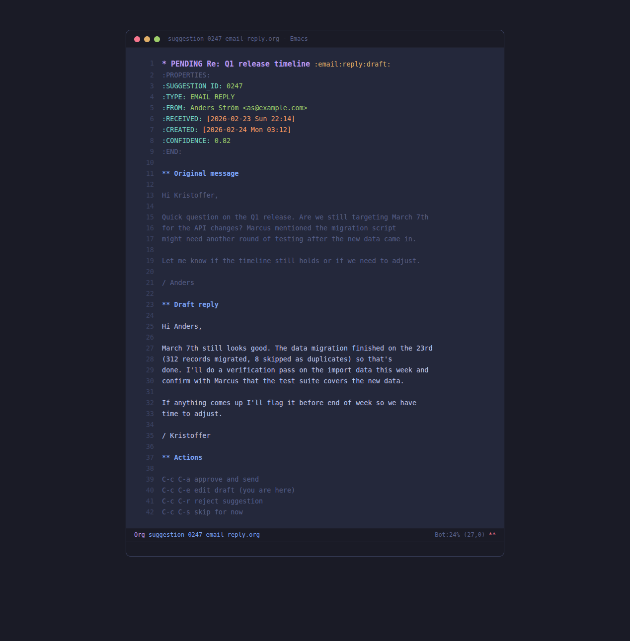 Draft email reply in Emacs org-mode, ready to edit before approving
