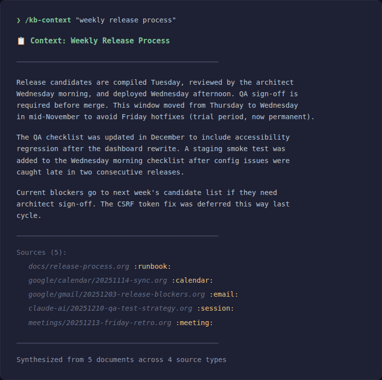 Knowledge base synthesizing a coherent briefing from docs, calendar, email, and conversations