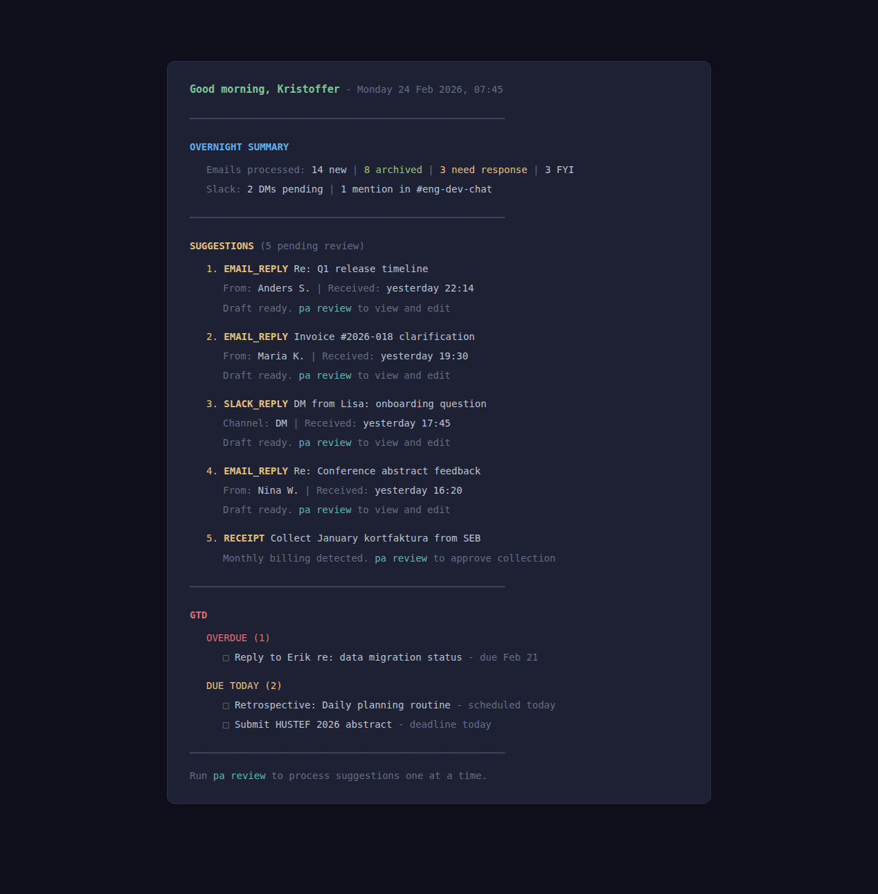 Morning binder showing overnight email triage, pending suggestions, and GTD tasks