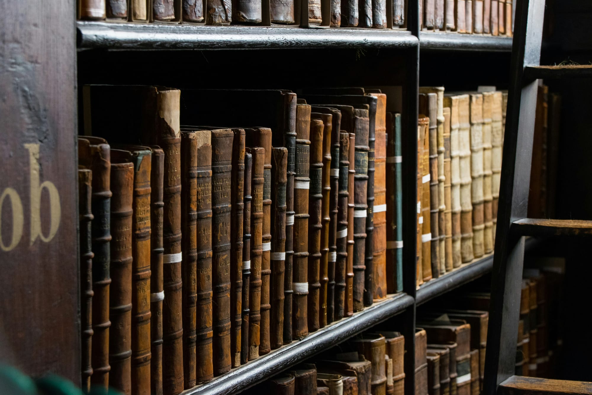 Rows of old book spines on library shelves, worn with age and use