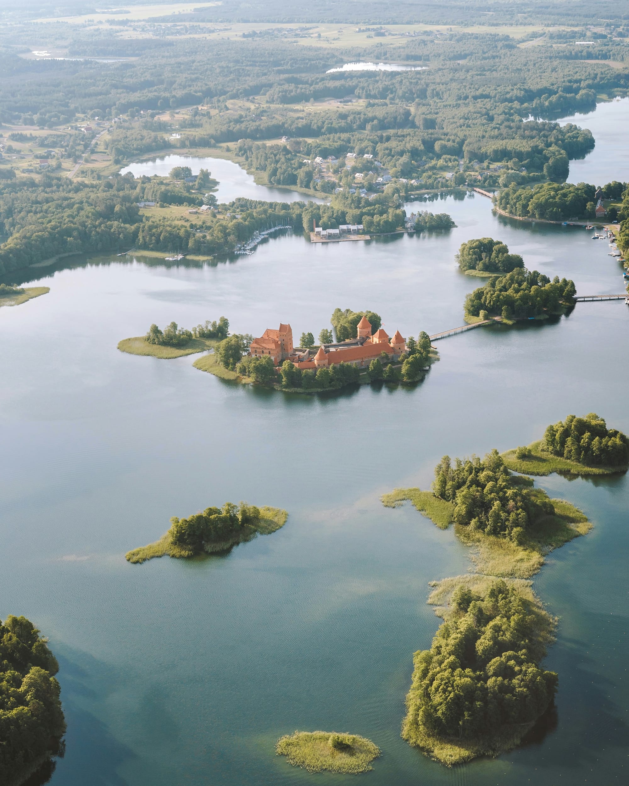 Aerial view of Trakai Castle on an island surrounded by lakes in Lithuania