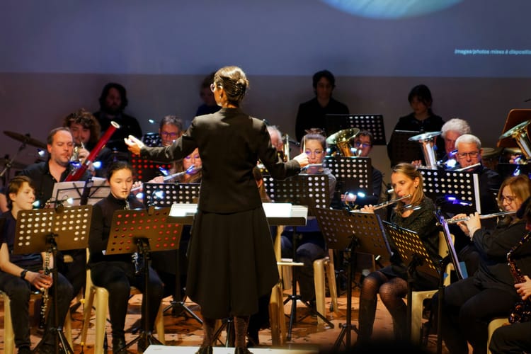 A conductor seen from behind, arms extended, directing an orchestra during a performance. Photo by Pierre Goiffon on Unsplash.