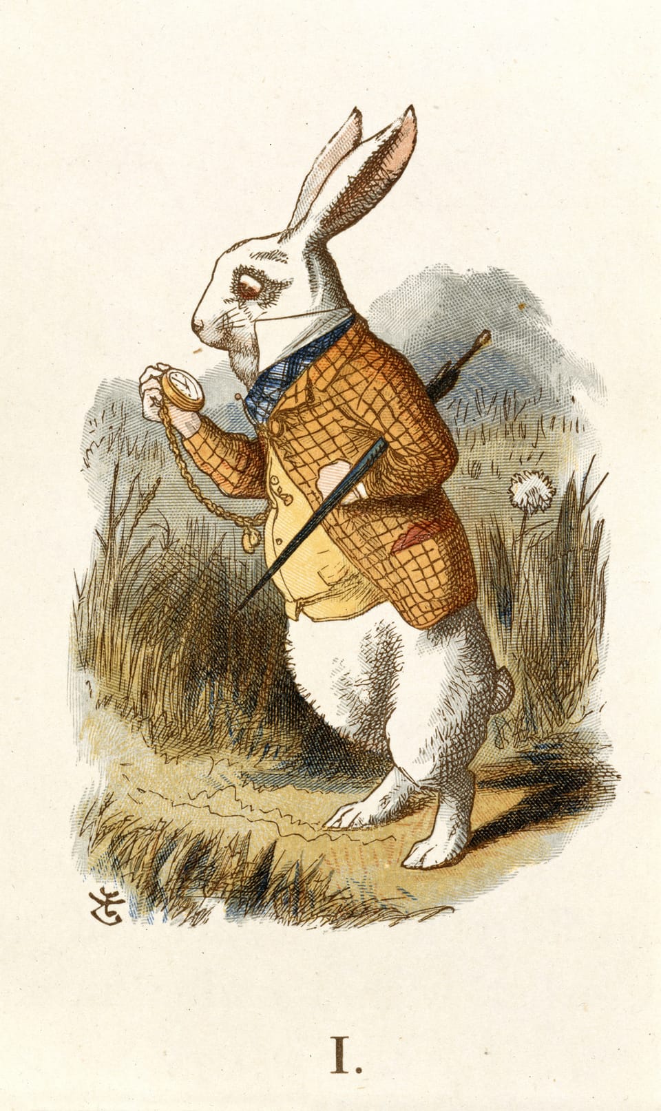 Tenniel's White Rabbit from The Nursery Alice, checking his pocket watch in a hurry