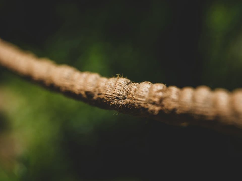 A natural hemp rope showing texture and slight wear, stretched across a dark green blurred background