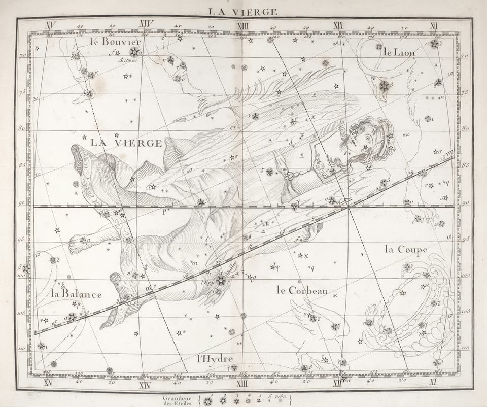 18th-century French star chart of the Virgo constellation (La Vierge), showing a winged maiden figure overlaid on a star map grid with Roman numerals
