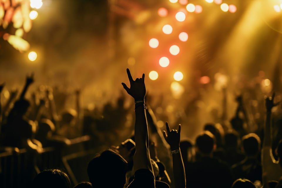 Hands raised at a metal festival, silhouettes against warm stage lights